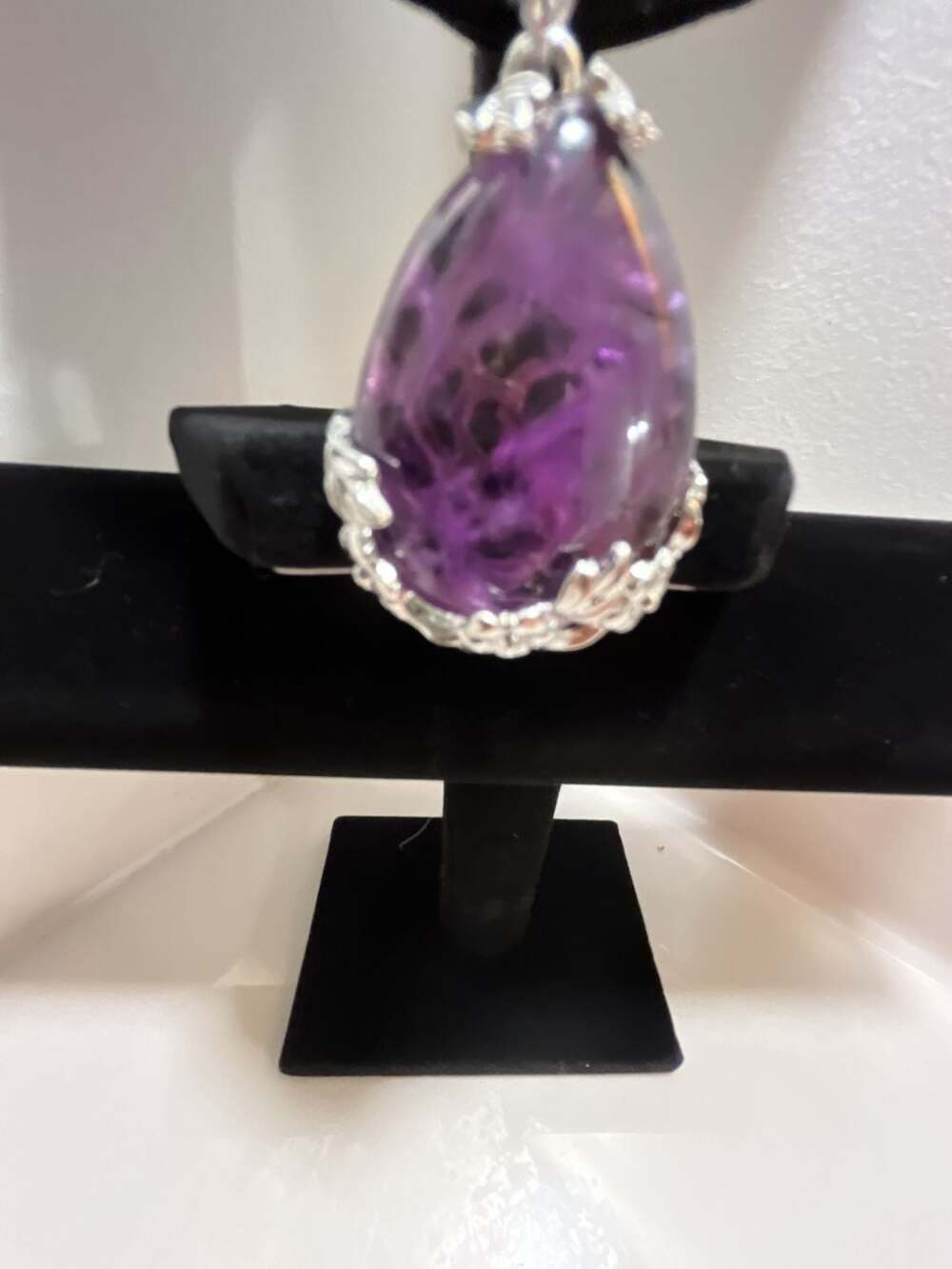 Natural Amethyst Teardrop Pendant Necklace with Silver-Tone Setting